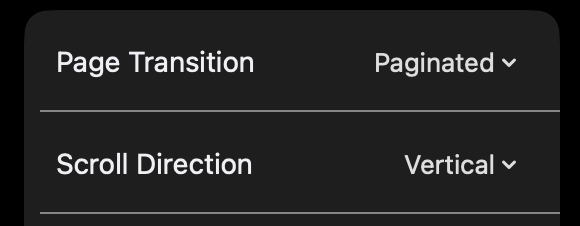 Reader configuration with Page Transition set to Paginated and Scroll Direction set to Vertical